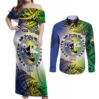 Malampa Day Couples Matching Off Shoulder Maxi Dress and Long Sleeve Button Shirt Emblem Gradient Style