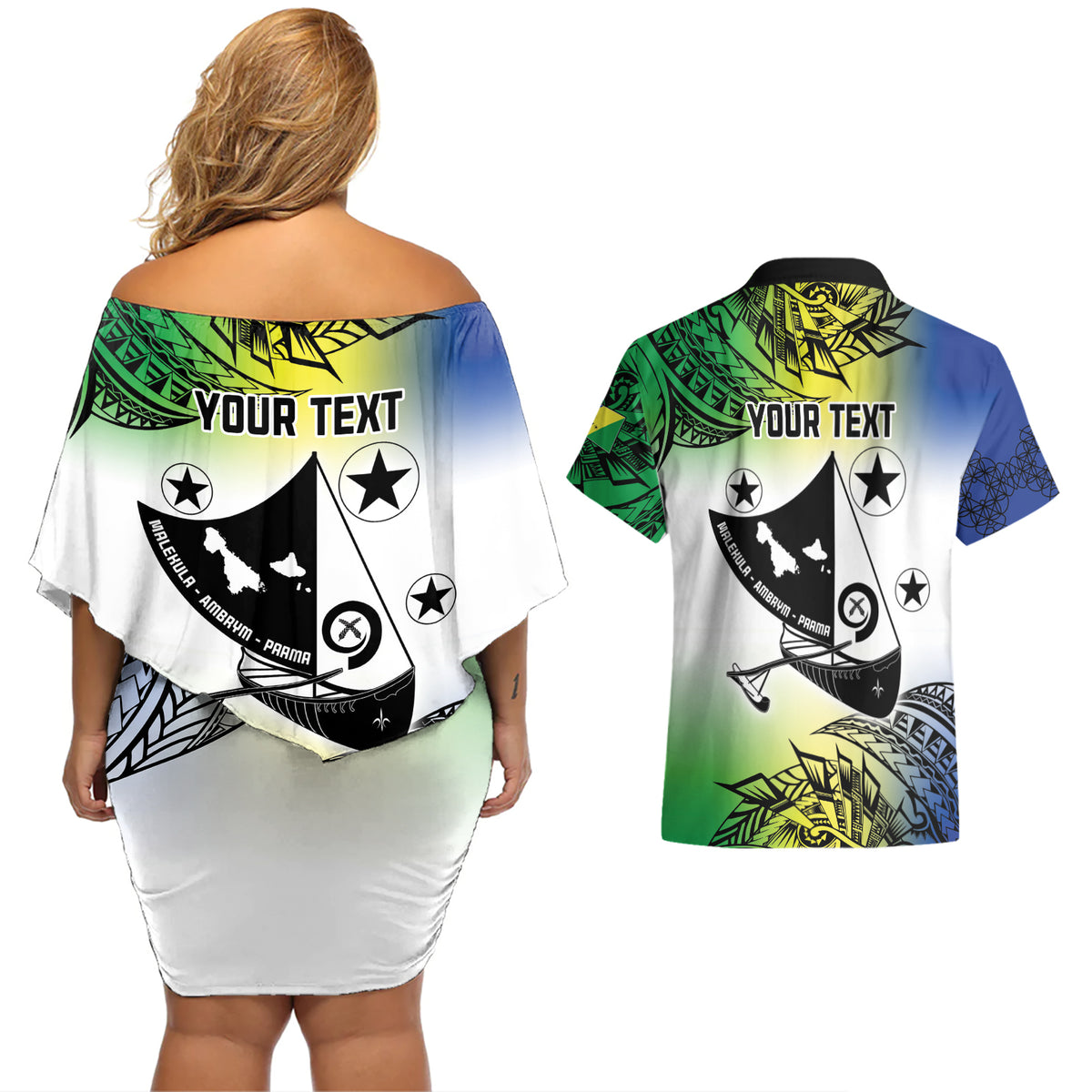 Malampa Day Couples Matching Off Shoulder Short Dress and Hawaiian Shirt Emblem Gradient Style