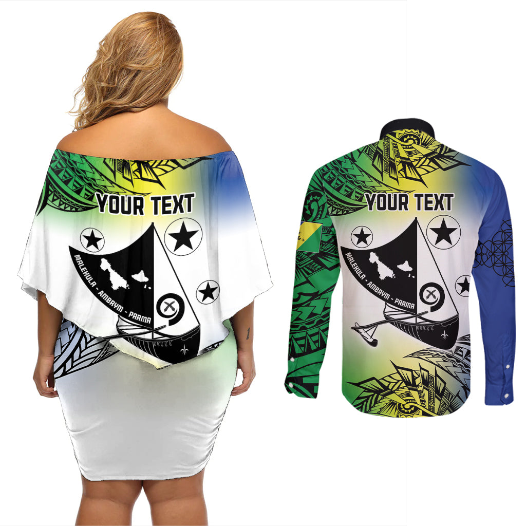 Malampa Day Couples Matching Off Shoulder Short Dress and Long Sleeve Button Shirt Emblem Gradient Style