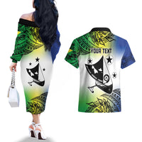 Malampa Day Couples Matching Off The Shoulder Long Sleeve Dress and Hawaiian Shirt Emblem Gradient Style