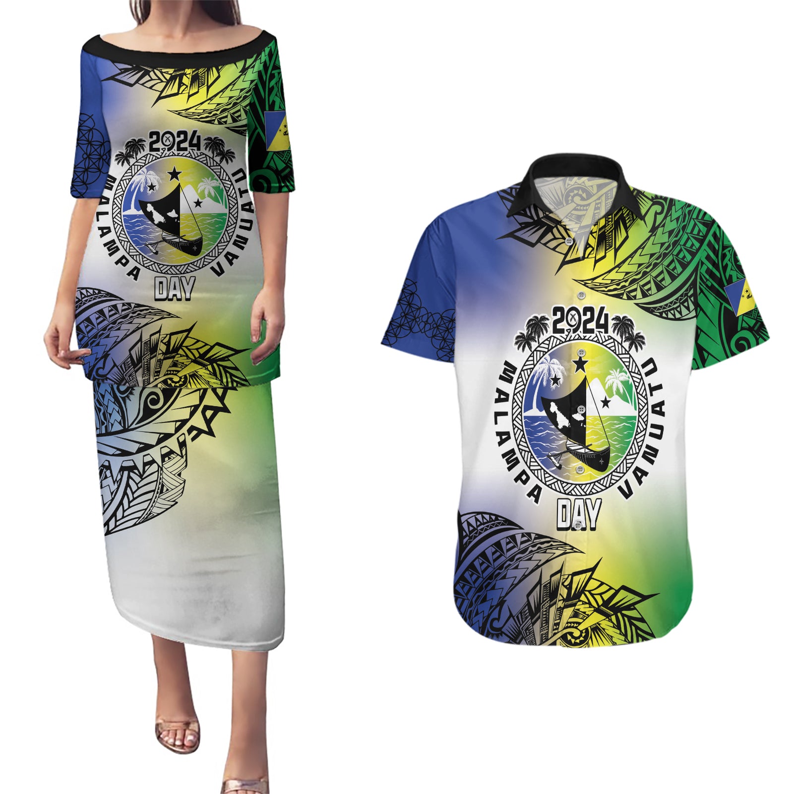 Malampa Day Couples Matching Puletasi and Hawaiian Shirt Emblem Gradient Style