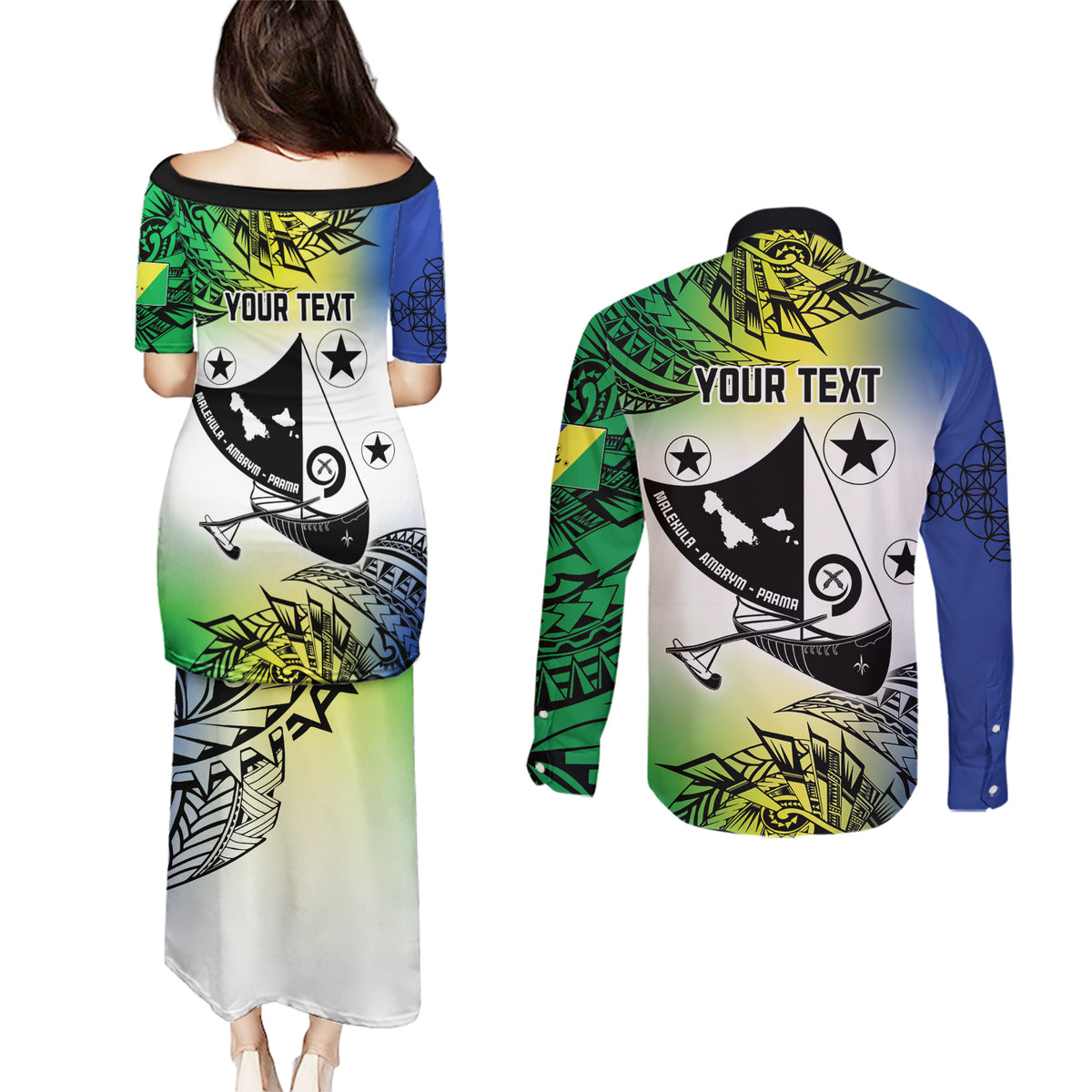 Malampa Day Couples Matching Puletasi and Long Sleeve Button Shirt Emblem Gradient Style