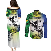 Malampa Day Couples Matching Puletasi and Long Sleeve Button Shirt Emblem Gradient Style