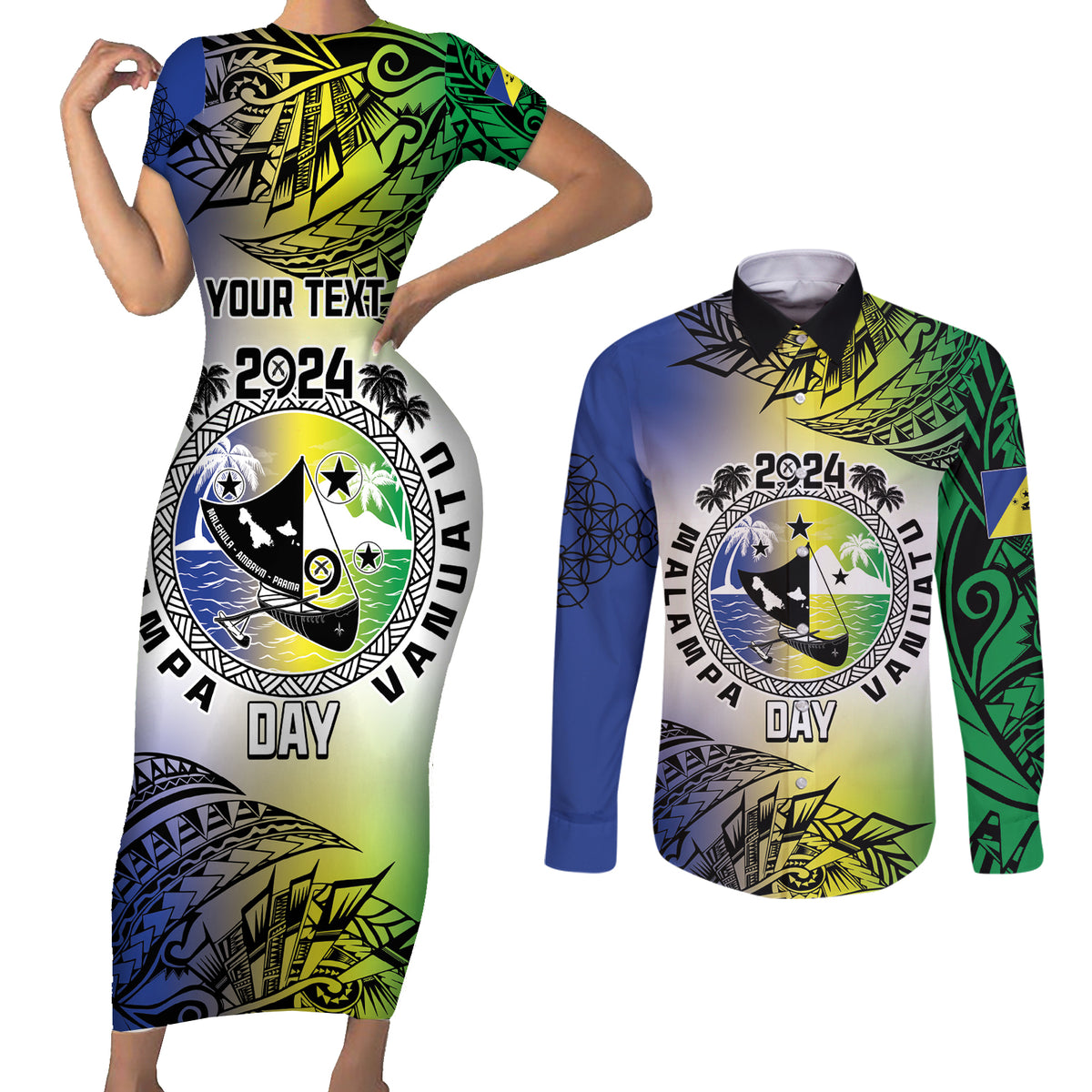 Malampa Day Couples Matching Short Sleeve Bodycon Dress and Long Sleeve Button Shirt Emblem Gradient Style