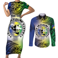 Malampa Day Couples Matching Short Sleeve Bodycon Dress and Long Sleeve Button Shirt Emblem Gradient Style