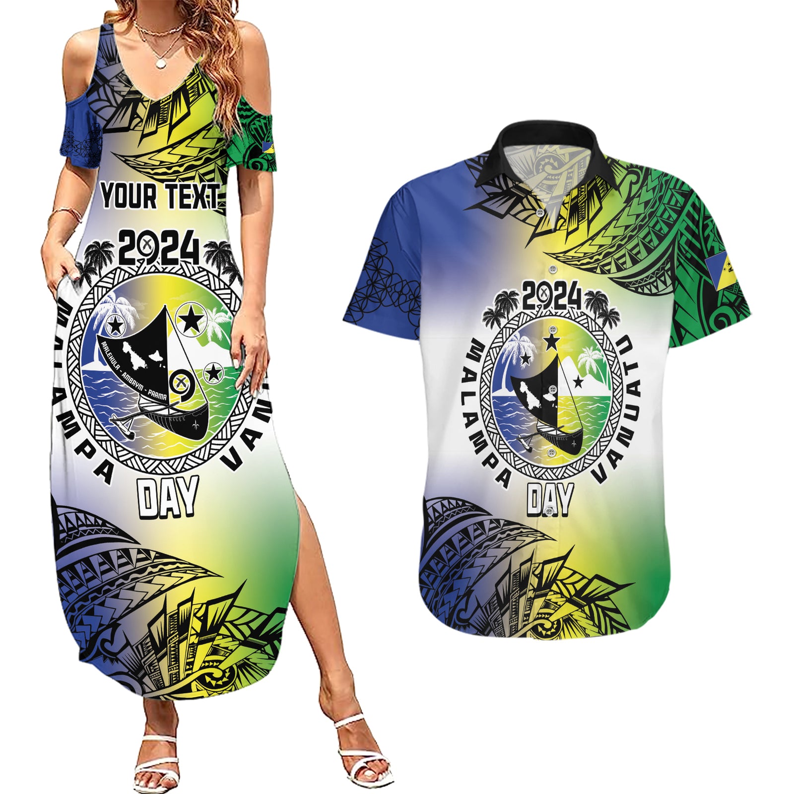 Malampa Day Couples Matching Summer Maxi Dress and Hawaiian Shirt Emblem Gradient Style