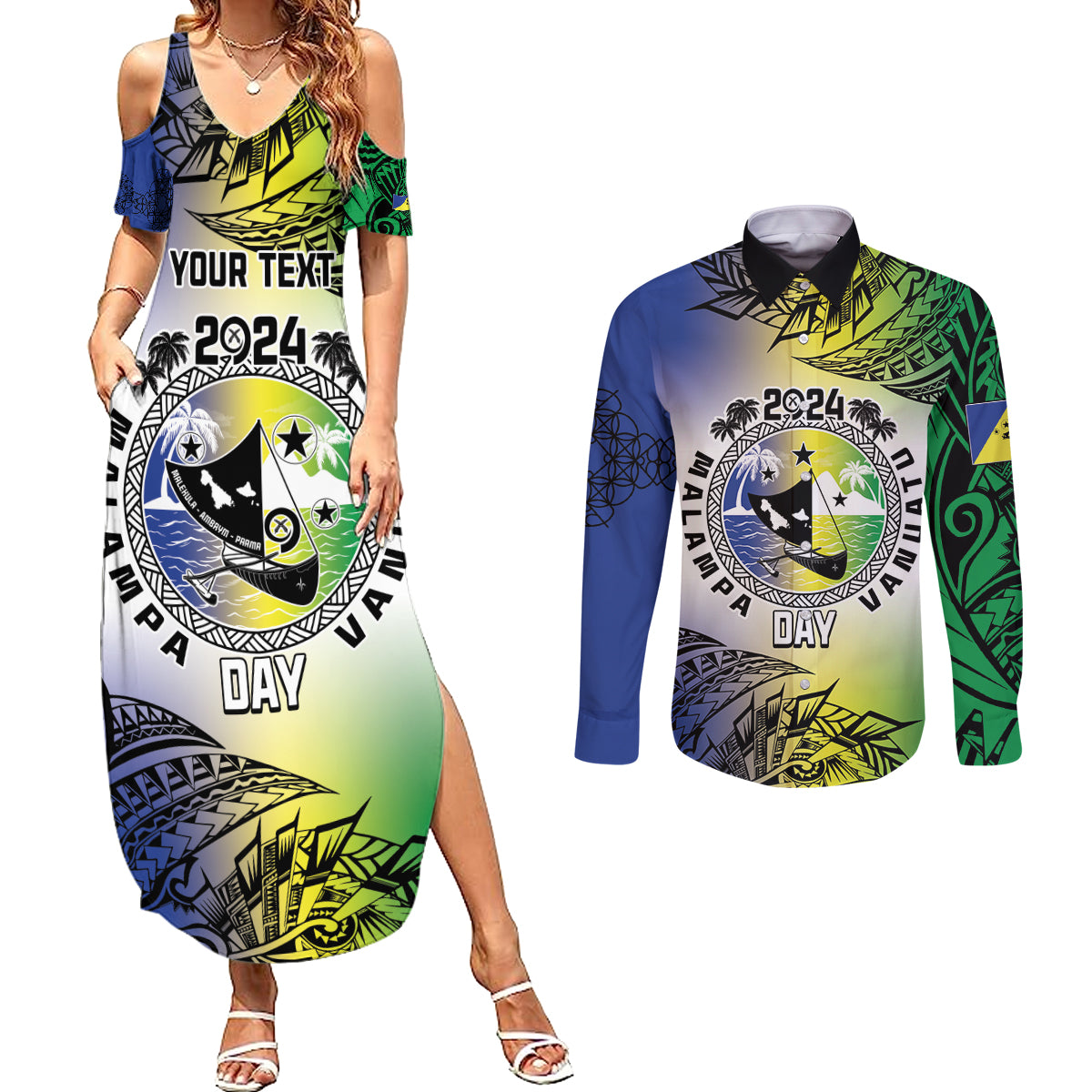 Malampa Day Couples Matching Summer Maxi Dress and Long Sleeve Button Shirt Emblem Gradient Style