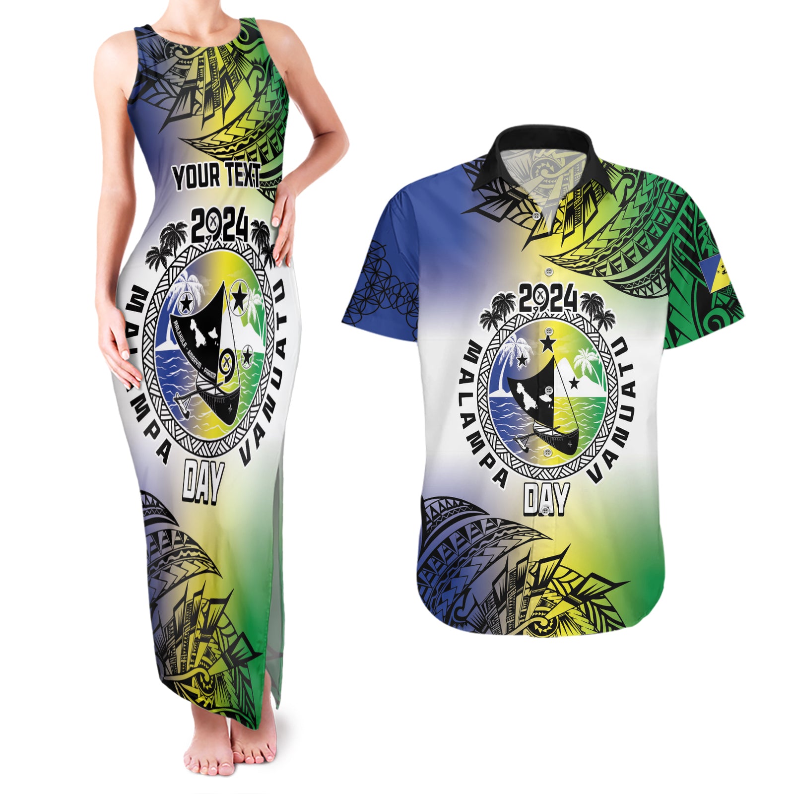 Malampa Day Couples Matching Tank Maxi Dress and Hawaiian Shirt Emblem Gradient Style