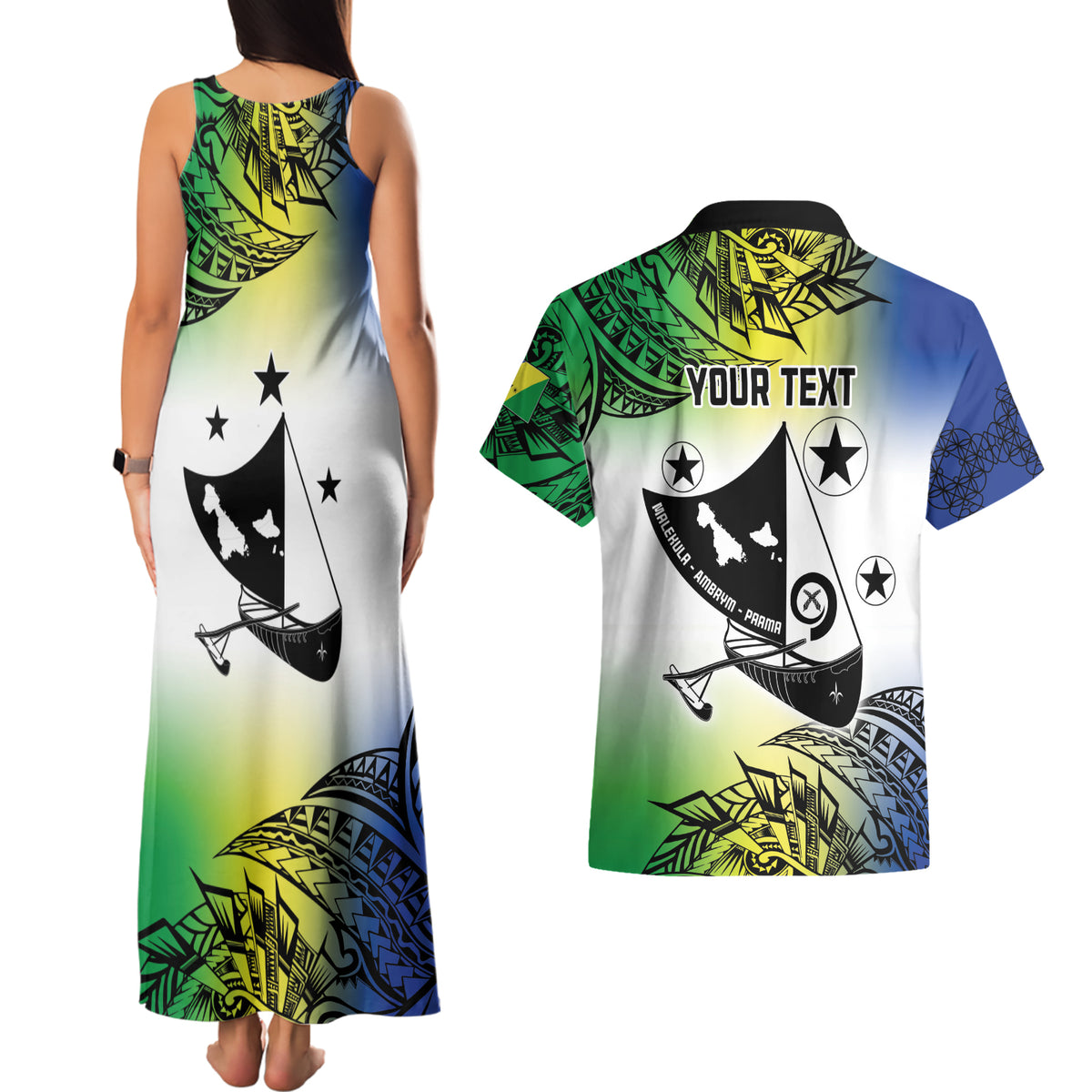 Malampa Day Couples Matching Tank Maxi Dress and Hawaiian Shirt Emblem Gradient Style