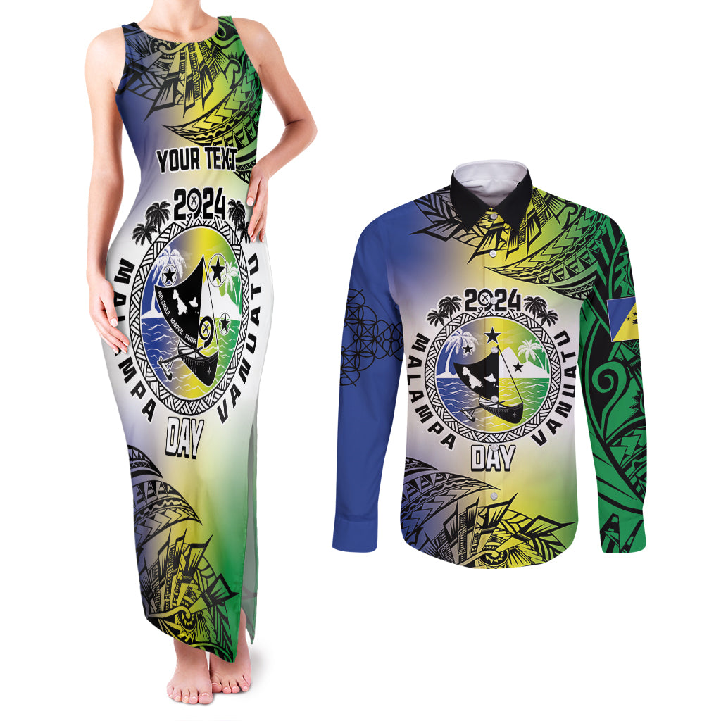 Malampa Day Couples Matching Tank Maxi Dress and Long Sleeve Button Shirt Emblem Gradient Style
