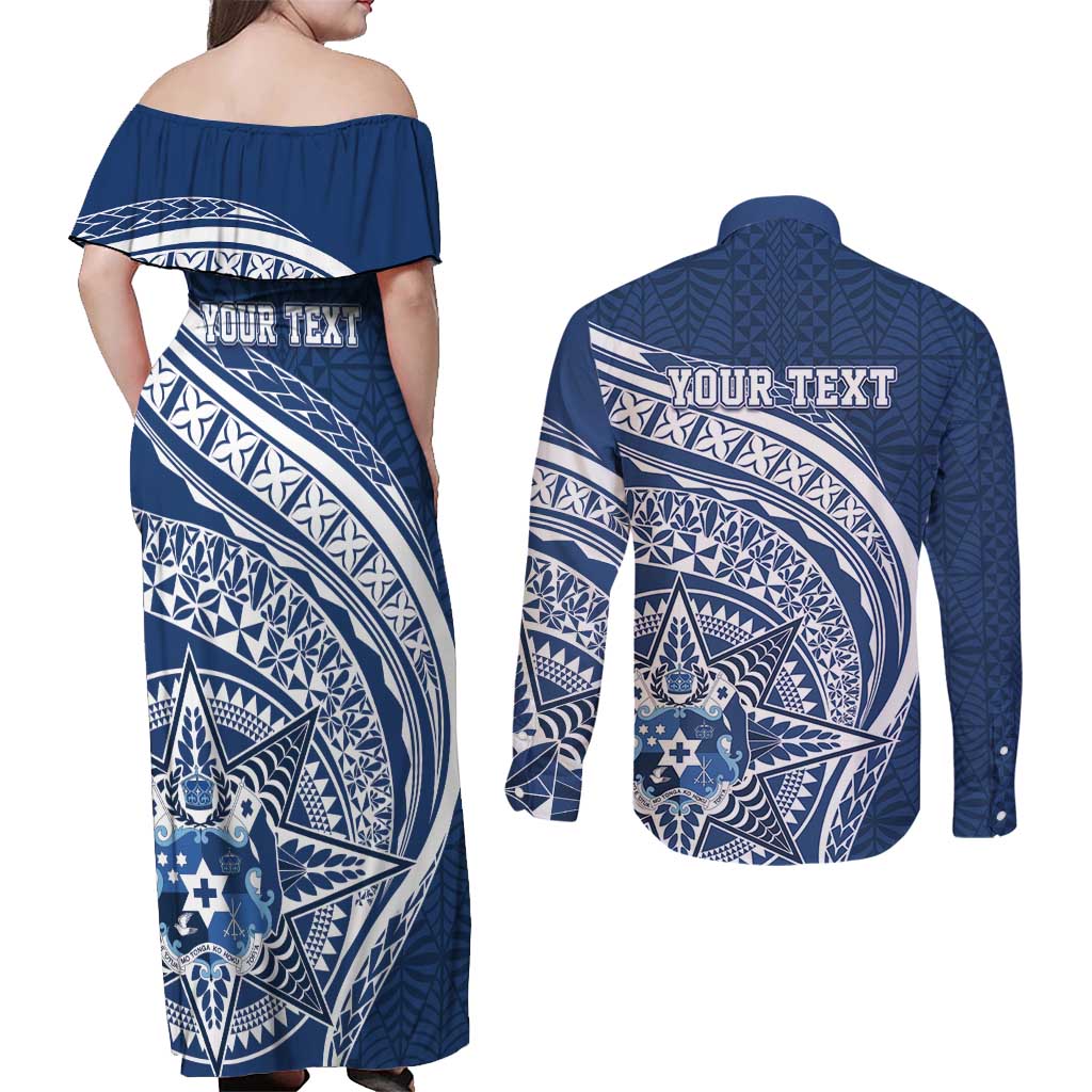 Tonga Queen Salote College Personalized Couples Matching Off Shoulder Maxi Dress and Long Sleeve Button Shirt Ngatu Tokelaufeletoa Motifs