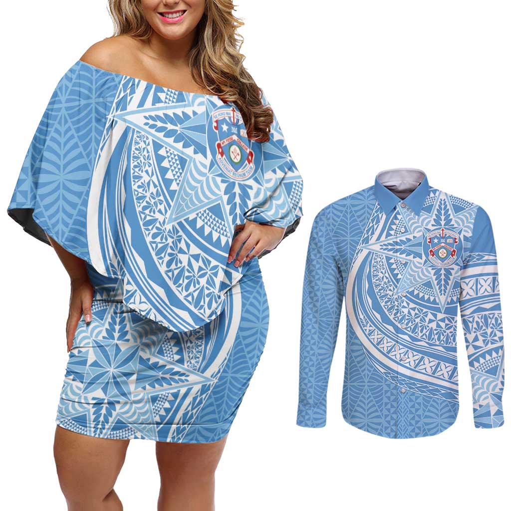 Tonga Apifo'ou Kolisi Personalized Couples Matching Off Shoulder Short Dress and Long Sleeve Button Shirt Ngatu Tokelaufeletoa Motifs