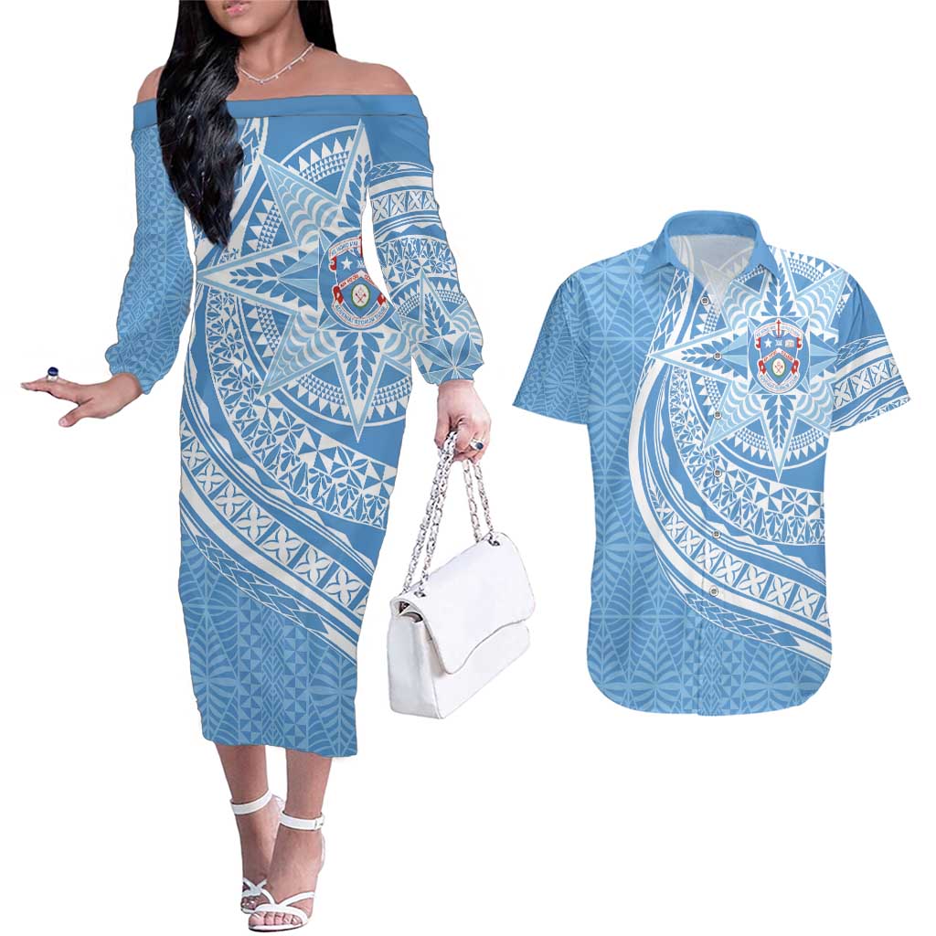 Tonga Apifo'ou Kolisi Personalized Couples Matching Off The Shoulder Long Sleeve Dress and Hawaiian Shirt Ngatu Tokelaufeletoa Motifs