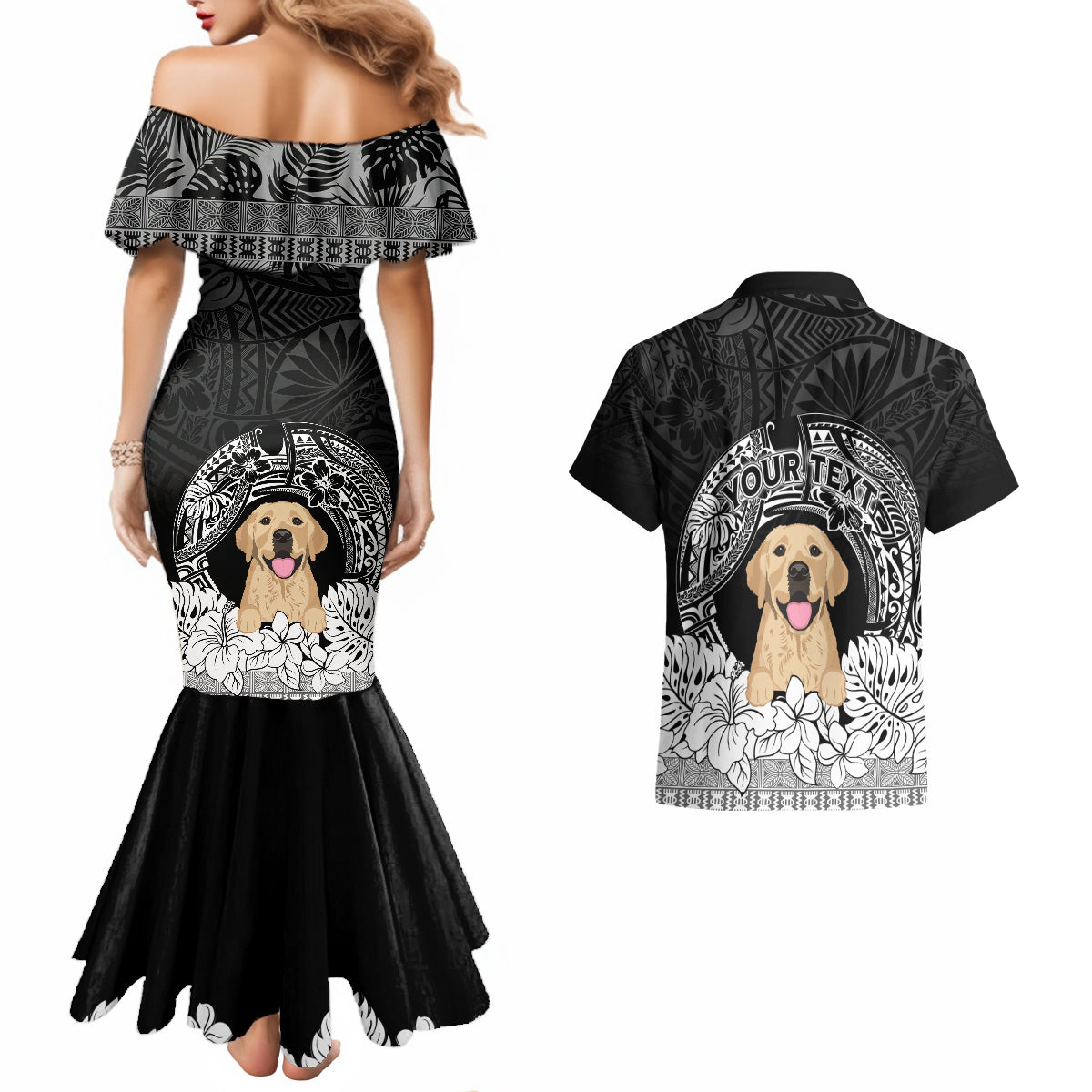 Personalised Dog Couples Matching Mermaid Dress And Hawaiian Shirt Golden Retriever With Polynesian Tapa Arch LT7 - Polynesian Pride