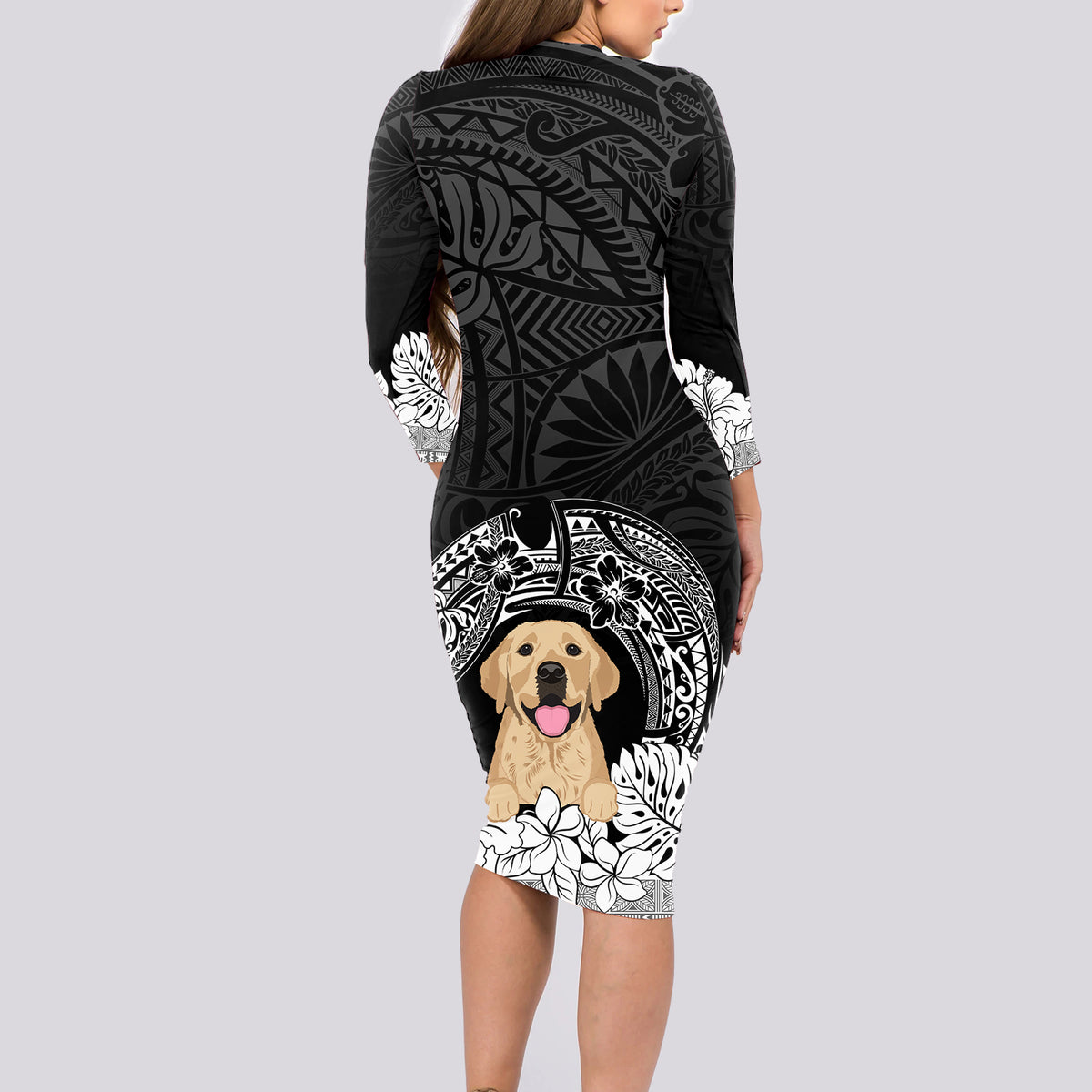 Personalised Dog Long Sleeve Bodycon Dress Golden Retriever With Polynesian Tapa Arch LT7 - Polynesian Pride