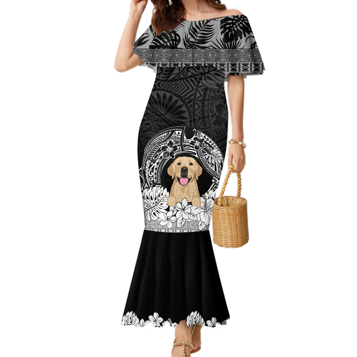 Personalised Dog Mermaid Dress Golden Retriever With Polynesian Tapa Arch LT7 Women Black - Polynesian Pride