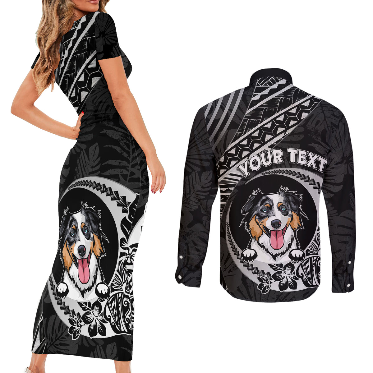 Personalised Polynesian Dog Couples Matching Short Sleeve Bodycon Dress and Long Sleeve Button Shirts With Australian Shepherd - Crescent Style LT7 - Polynesian Pride