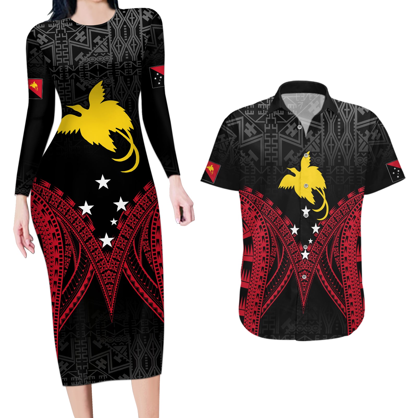 Personalised PNG Couples Matching Long Sleeve Bodycon Dress and Hawaiian Shirt Papua Motuan Mirror Style LT7 Black - Polynesian Pride