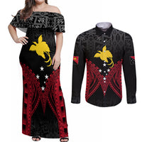 Personalised PNG Couples Matching Off Shoulder Maxi Dress and Long Sleeve Button Shirts Papua Motuan Mirror Style LT7 Black - Polynesian Pride
