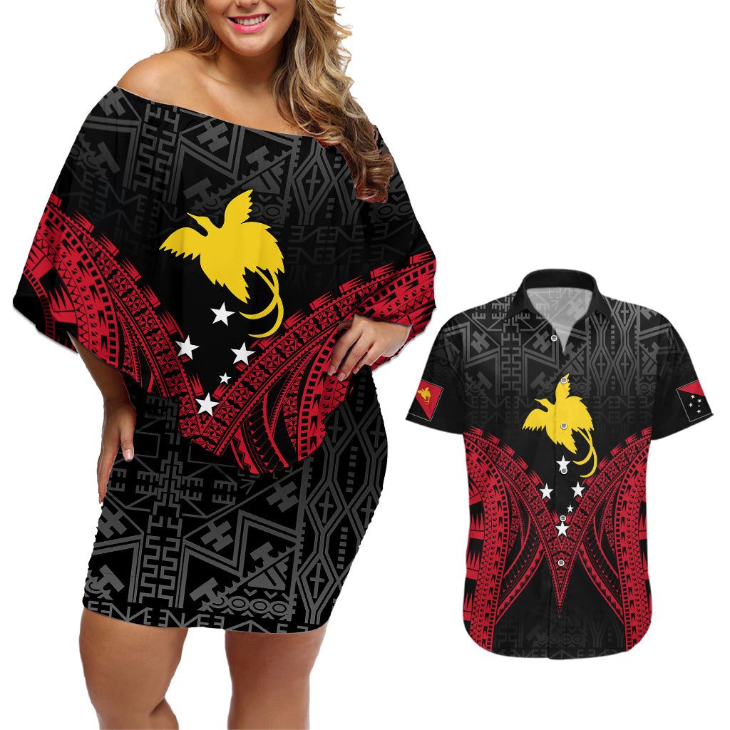 Personalised PNG Couples Matching Off Shoulder Short Dress and Hawaiian Shirt Papua Motuan Mirror Style LT7 Black - Polynesian Pride