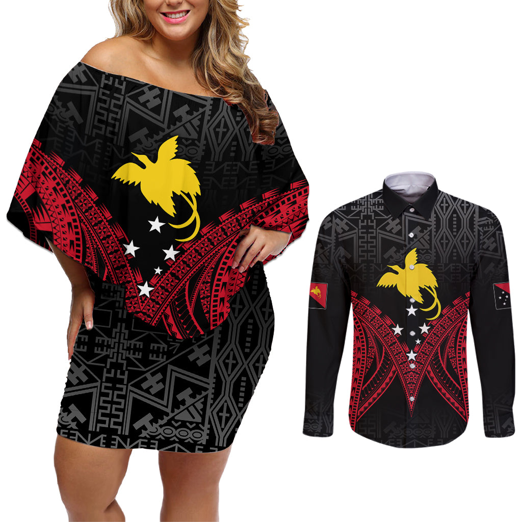 Personalised PNG Couples Matching Off Shoulder Short Dress and Long Sleeve Button Shirts Papua Motuan Mirror Style LT7 Black - Polynesian Pride