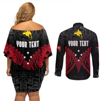 Personalised PNG Couples Matching Off Shoulder Short Dress and Long Sleeve Button Shirts Papua Motuan Mirror Style LT7 - Polynesian Pride