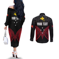 Personalised PNG Couples Matching Off The Shoulder Long Sleeve Dress and Long Sleeve Button Shirts Papua Motuan Mirror Style LT7 - Polynesian Pride