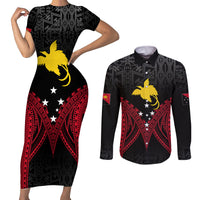 Personalised PNG Couples Matching Short Sleeve Bodycon Dress and Long Sleeve Button Shirts Papua Motuan Mirror Style LT7 Black - Polynesian Pride
