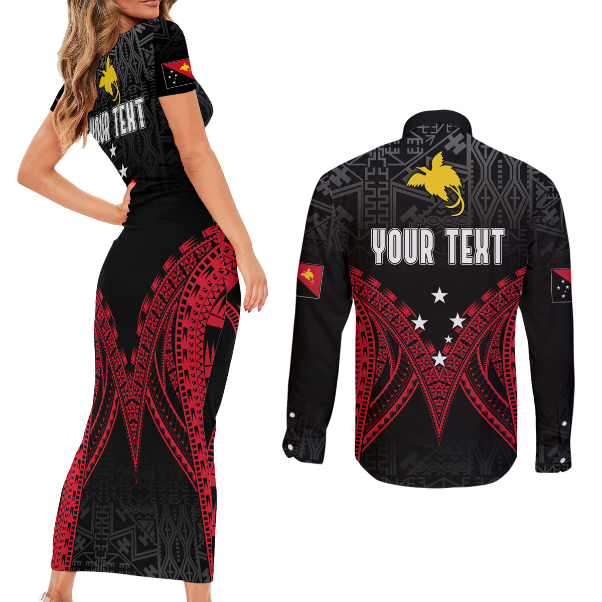 Personalised PNG Couples Matching Short Sleeve Bodycon Dress and Long Sleeve Button Shirts Papua Motuan Mirror Style LT7 - Polynesian Pride