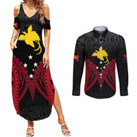 Personalised PNG Couples Matching Summer Maxi Dress and Long Sleeve Button Shirts Papua Motuan Mirror Style LT7 Black - Polynesian Pride