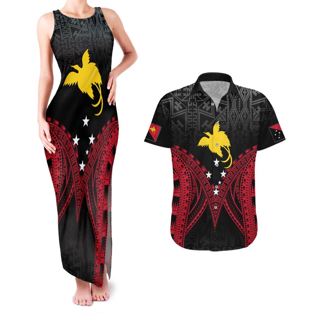 Personalised PNG Couples Matching Tank Maxi Dress And Hawaiian Shirt Papua Motuan Mirror Style LT7 Black - Polynesian Pride