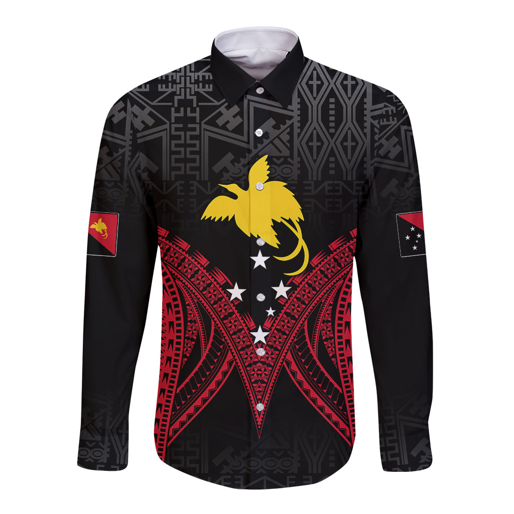 Personalised PNG Long Sleeve Button Shirt Papua Motuan Mirror Style LT7 Unisex Black - Polynesian Pride