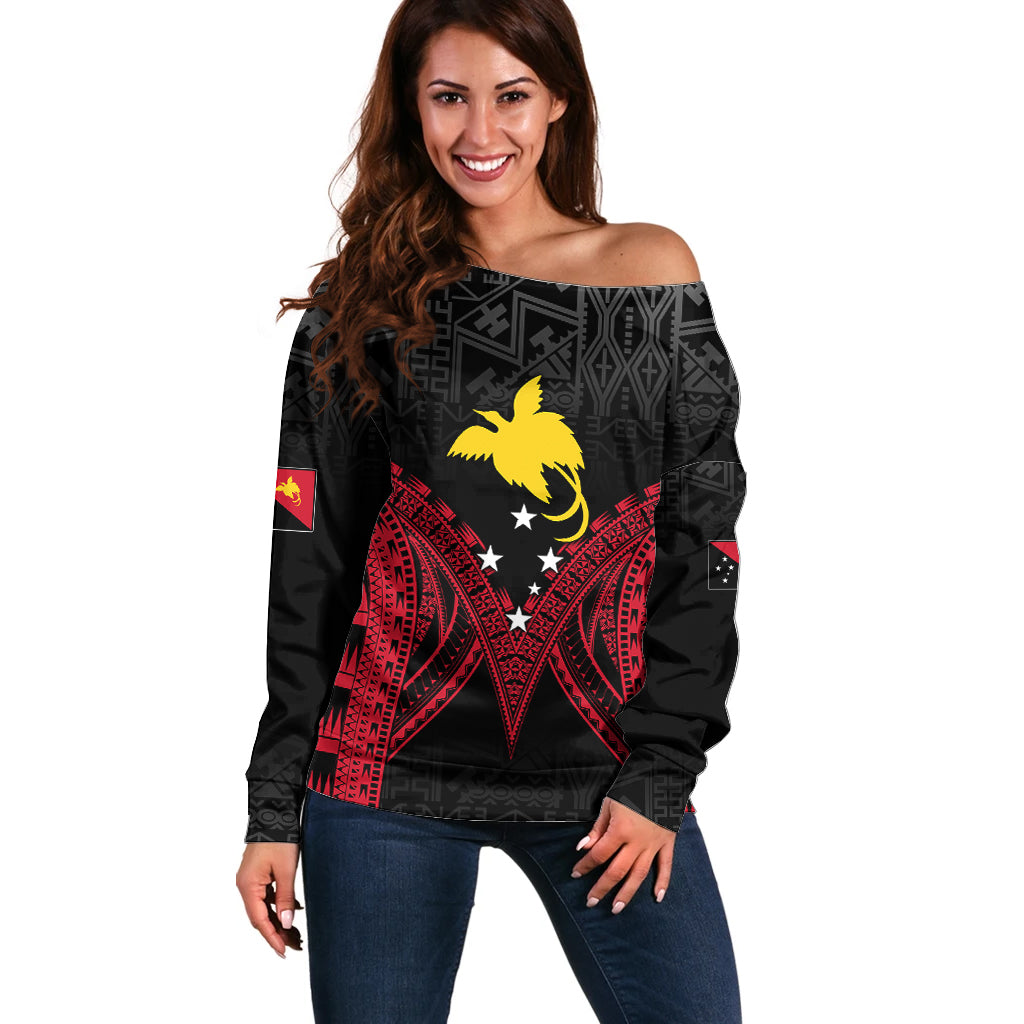 Personalised PNG Off Shoulder Sweater Papua Motuan Mirror Style LT7 Women Black - Polynesian Pride