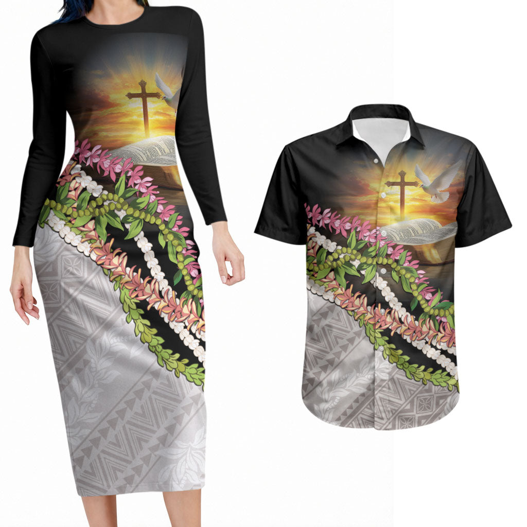 Hawaii Mokihana Mix Pikake Leis Mahalo 'Olelo Couples Matching Long Sleeve Bodycon Dress and Hawaiian Shirt Black LT7 Black - Polynesian Pride