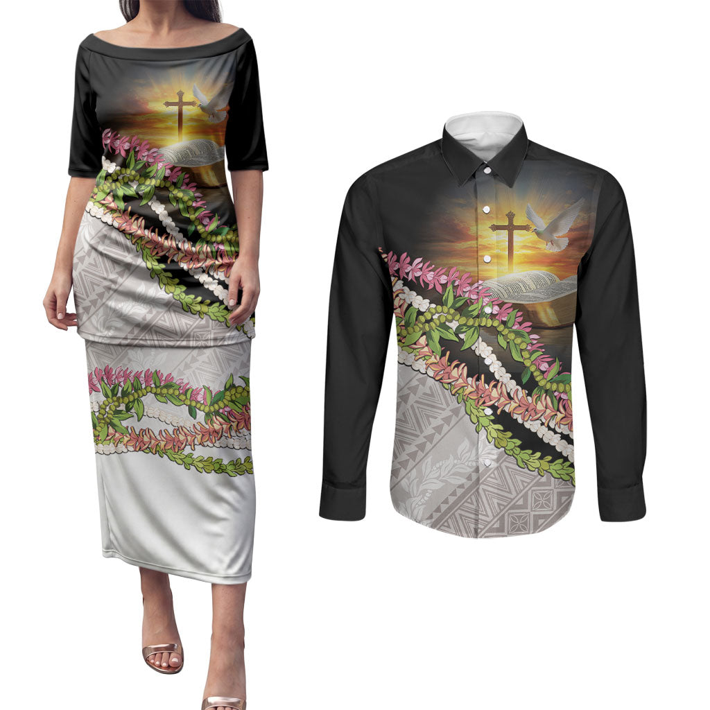 Hawaii Mokihana Mix Pikake Leis Mahalo 'Olelo Couples Matching Puletasi and Long Sleeve Button Shirt Black