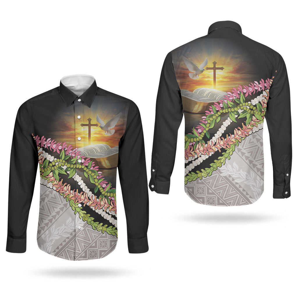 Hawaii Mokihana Mix Pikake Leis Mahalo 'Olelo Couples Matching Puletasi and Long Sleeve Button Shirt Black