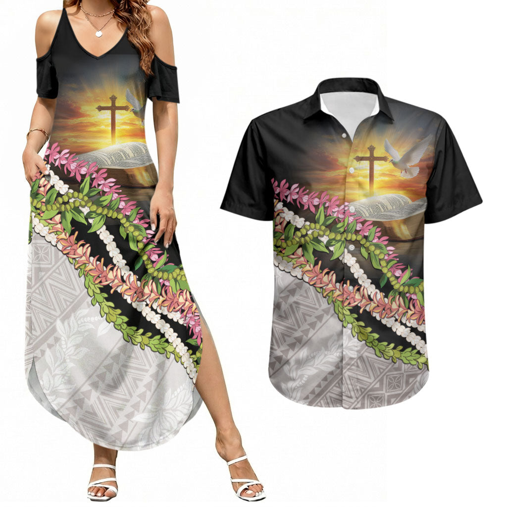 Hawaii Mokihana Mix Pikake Leis Mahalo 'Olelo Couples Matching Summer Maxi Dress and Hawaiian Shirt Black LT7 Black - Polynesian Pride