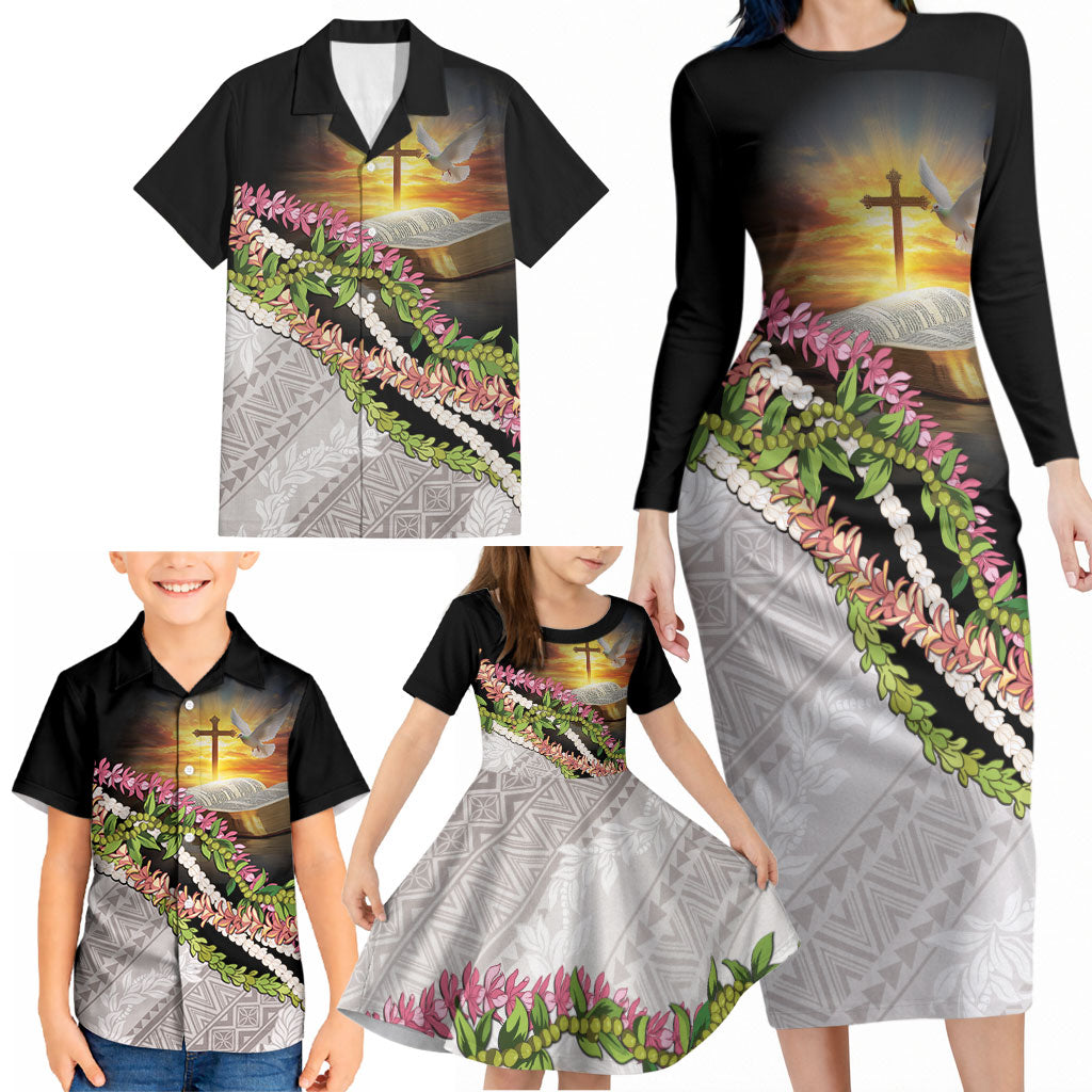 Hawaii Mokihana Mix Pikake Leis Mahalo 'Olelo Family Matching Long Sleeve Bodycon Dress and Hawaiian Shirt Black