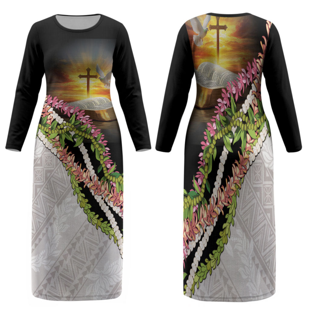 Hawaii Mokihana Mix Pikake Leis Mahalo 'Olelo Family Matching Long Sleeve Bodycon Dress and Hawaiian Shirt Black
