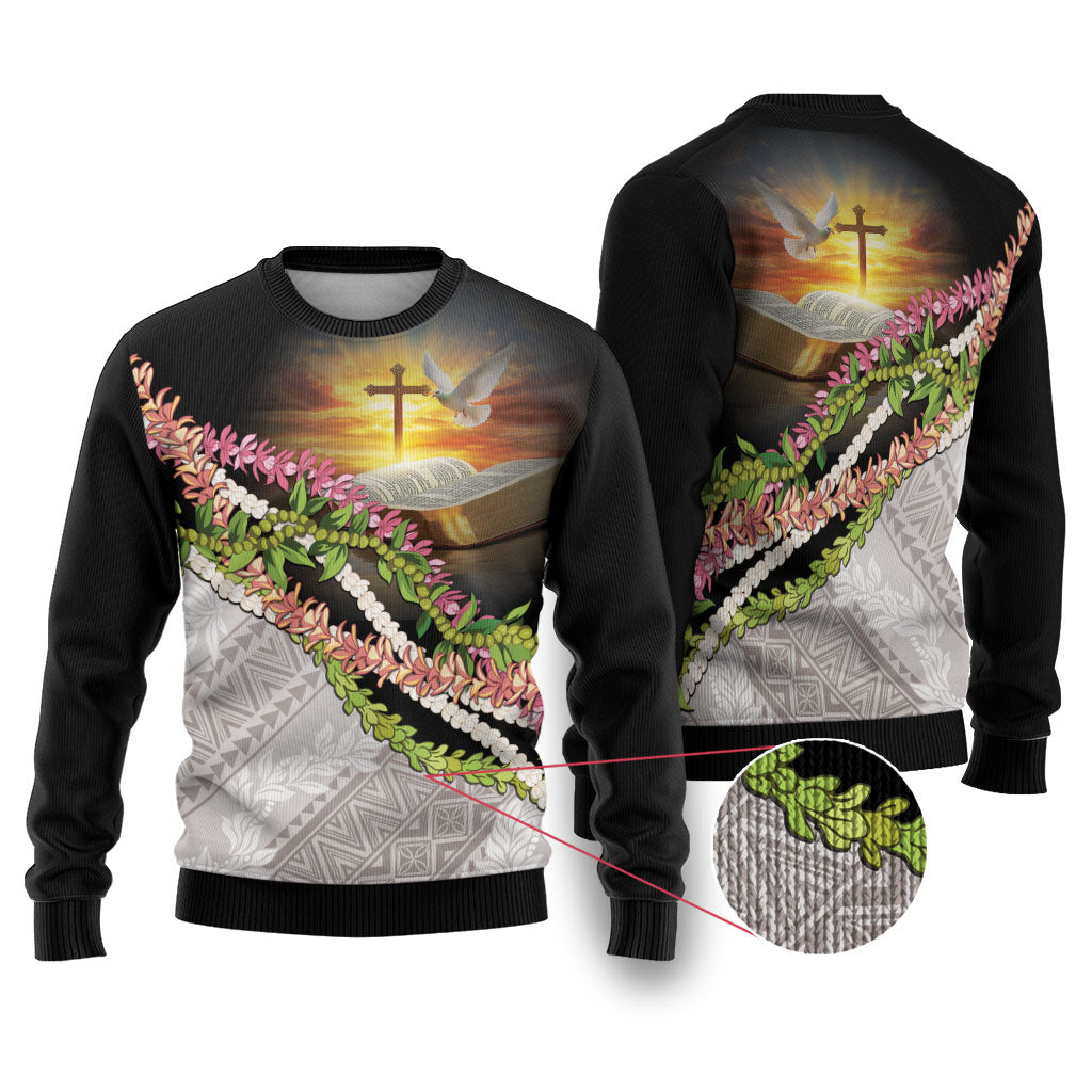 Hawaii Mokihana Mix Pikake Leis Mahalo 'Olelo Ugly Christmas Sweater Black