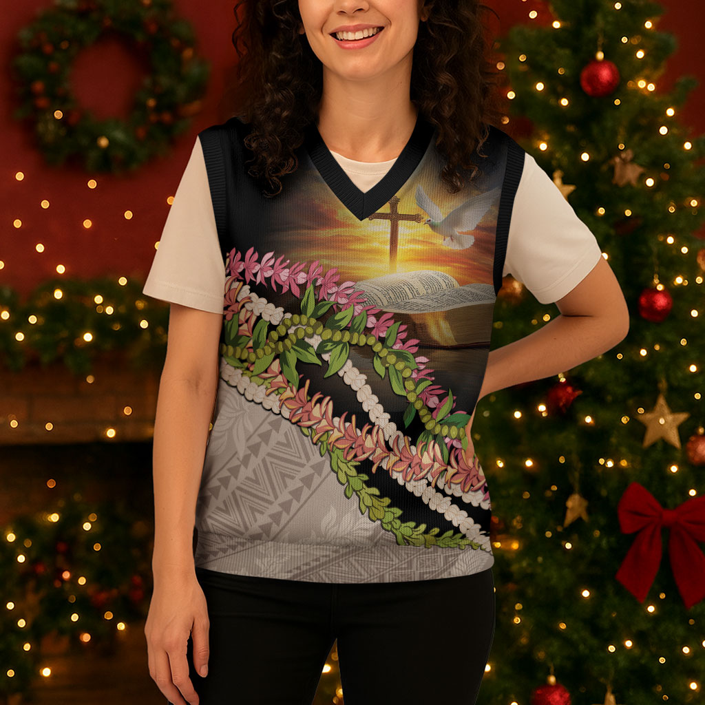 Hawaii Mokihana Mix Pikake Leis Mahalo 'Olelo Christmas Knitted V-Neck Vest Black