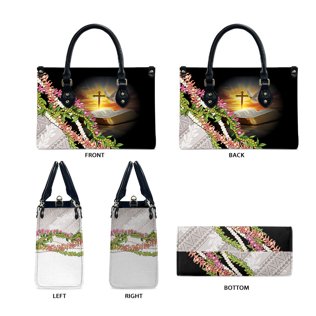 Hawaii Mokihana Mix Pikake Leis Mahalo 'Olelo Leather Bag Black