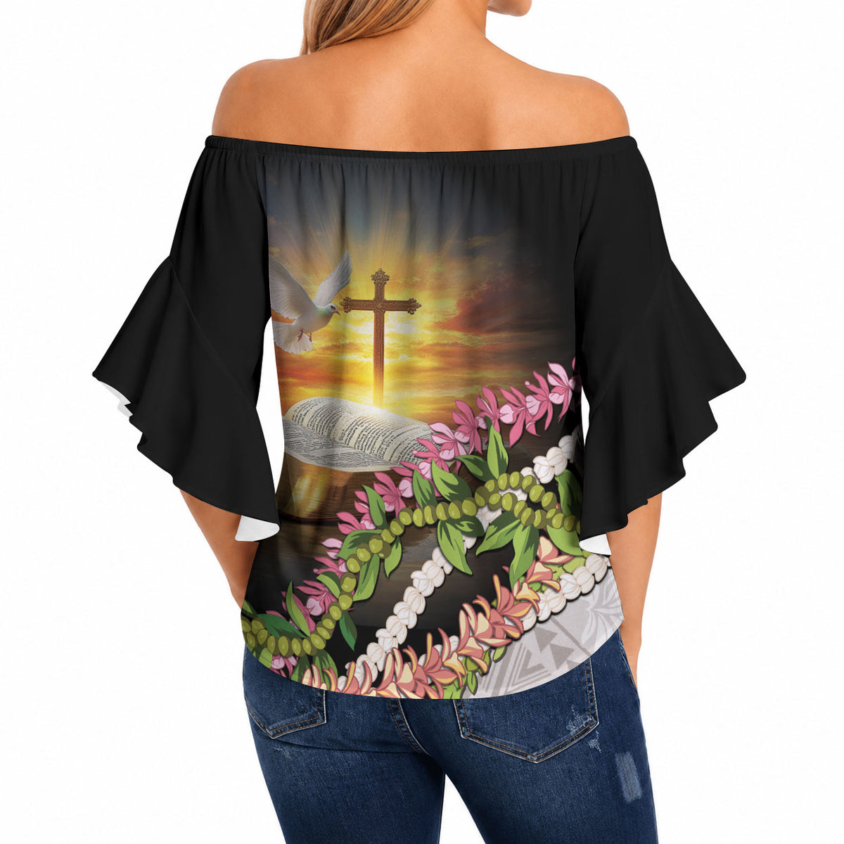 Hawaii Mokihana Mix Pikake Leis Mahalo 'Olelo Off Shoulder Wrap Waist Top Black