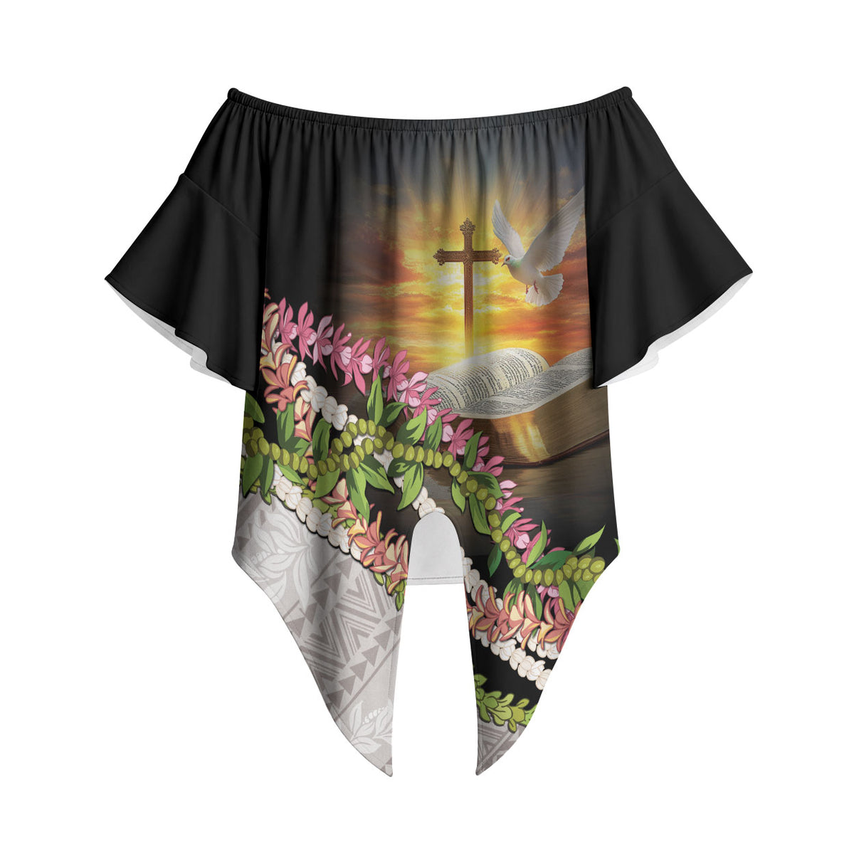 Hawaii Mokihana Mix Pikake Leis Mahalo 'Olelo Off Shoulder Wrap Waist Top Black