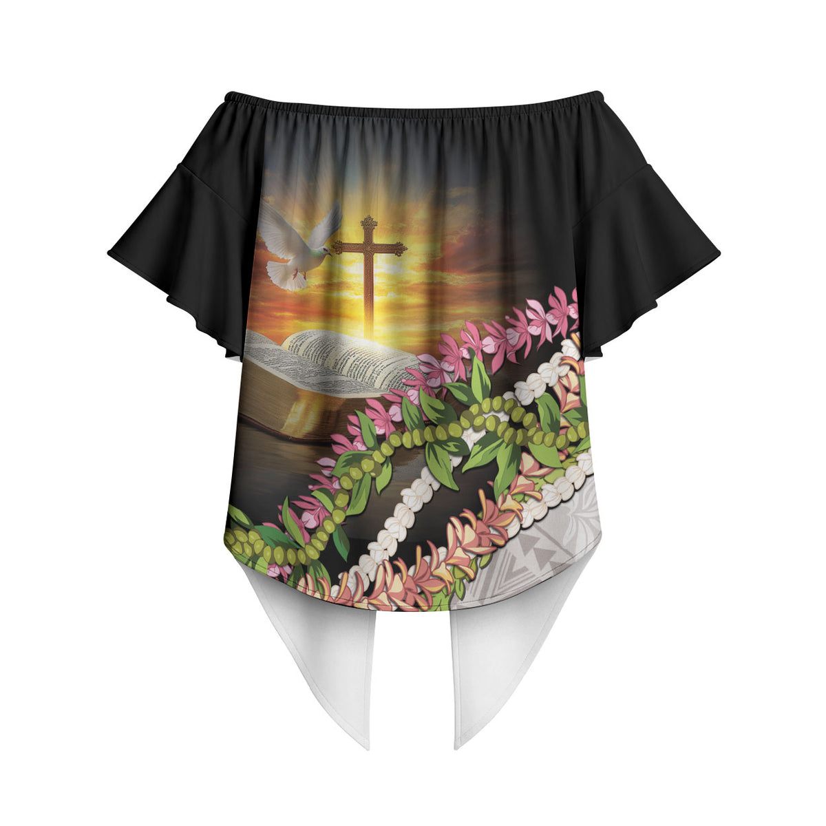 Hawaii Mokihana Mix Pikake Leis Mahalo 'Olelo Off Shoulder Wrap Waist Top Black