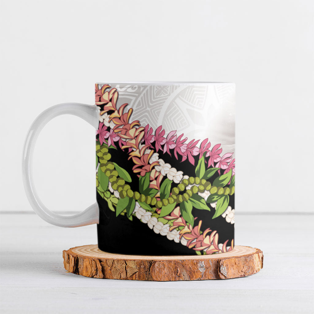 Hawaii Mokihana Mix Pikake Leis Mahalo 'Olelo Ceramic Mug White Tapa