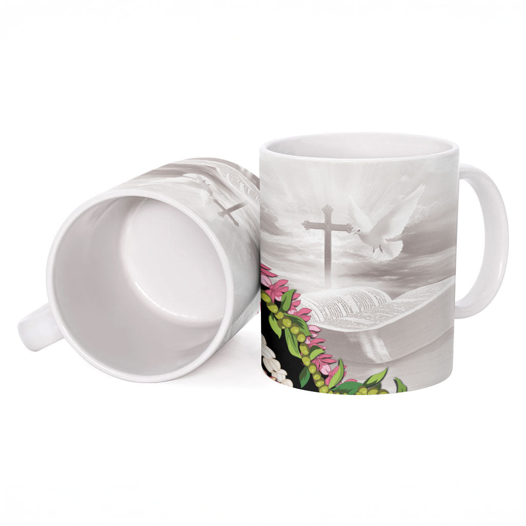 Hawaii Mokihana Mix Pikake Leis Mahalo 'Olelo Ceramic Mug White Tapa