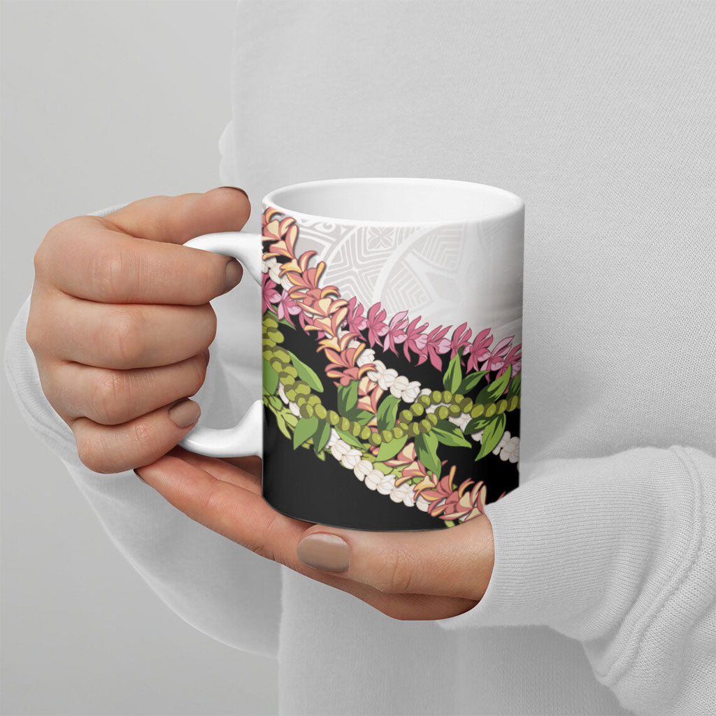 Hawaii Mokihana Mix Pikake Leis Mahalo 'Olelo Ceramic Mug White Tapa