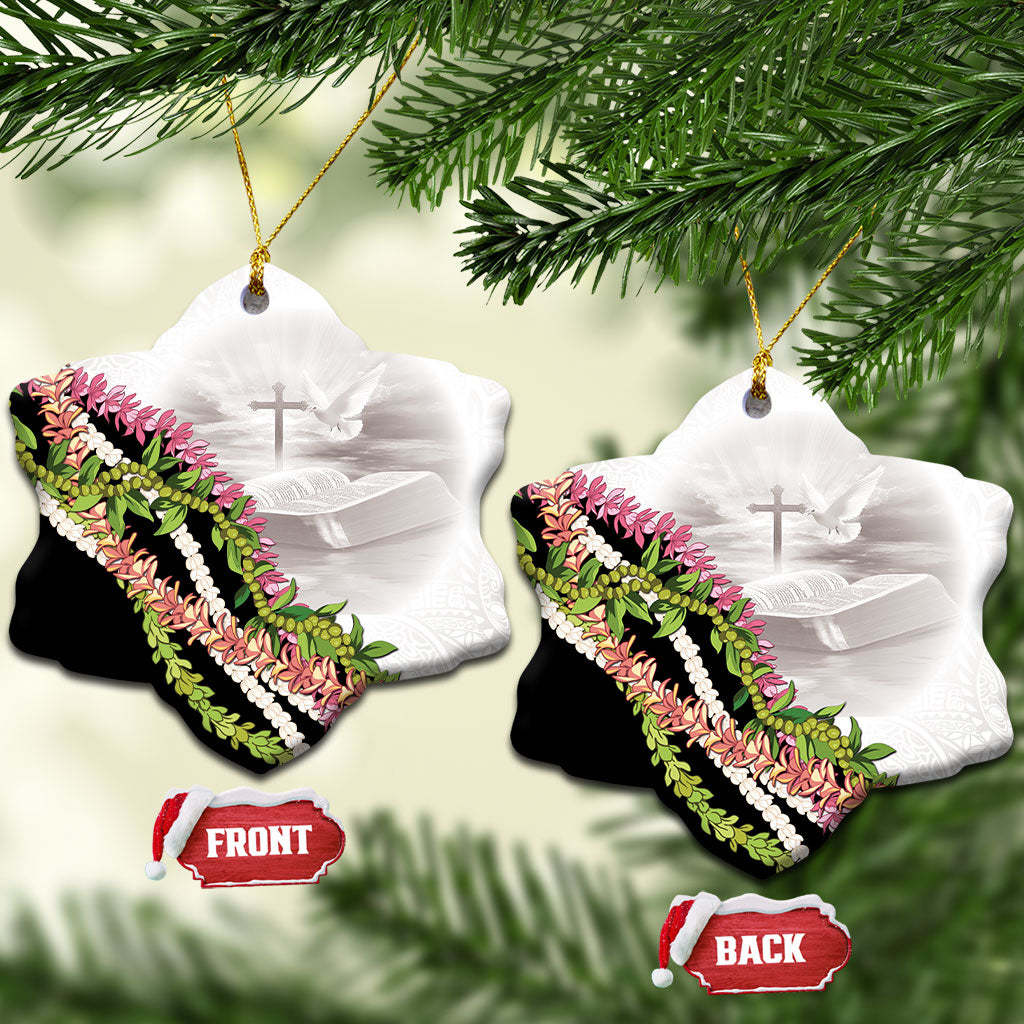 Hawaii Mokihana Mix Pikake Leis Mahalo 'Olelo Ceramic Ornament White Tapa