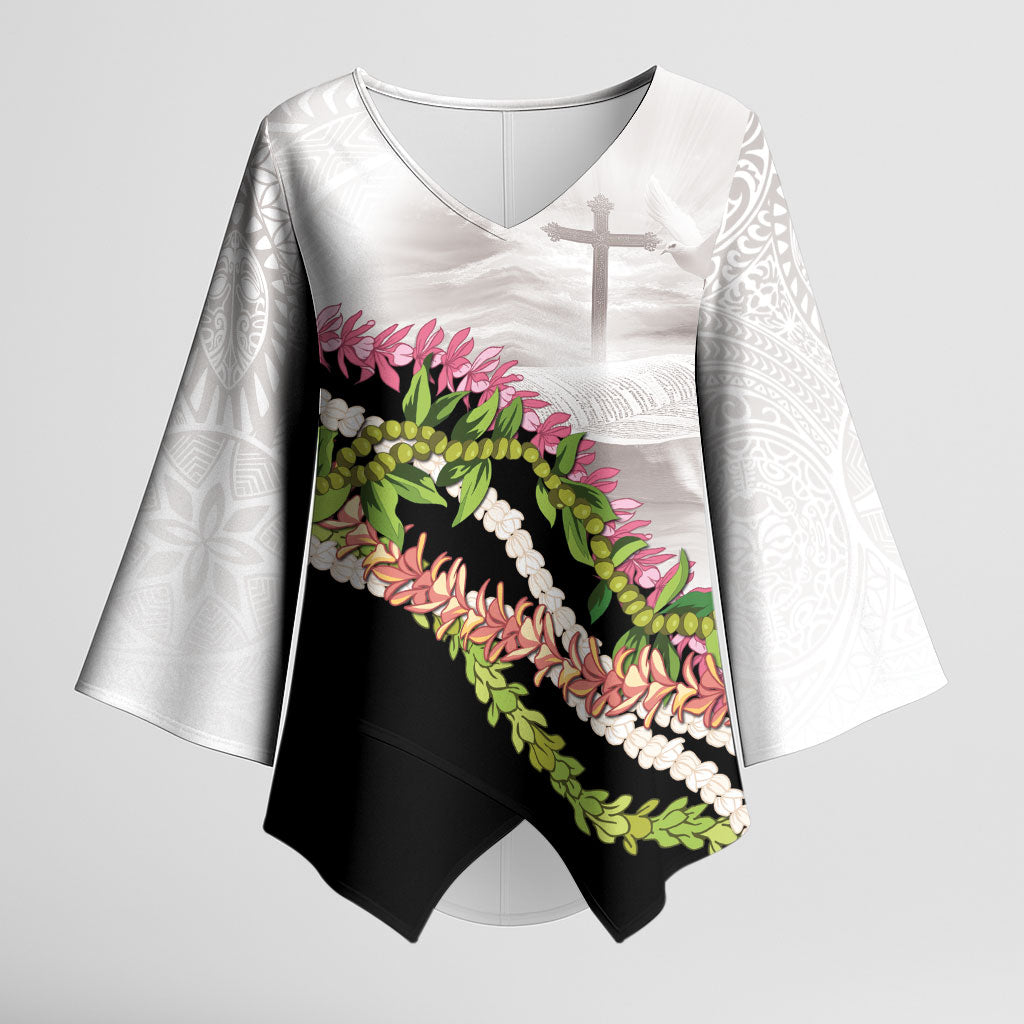 Hawaii Mokihana Mix Pikake Leis Mahalo 'Olelo Kimono Sleeve Blouse White Tapa